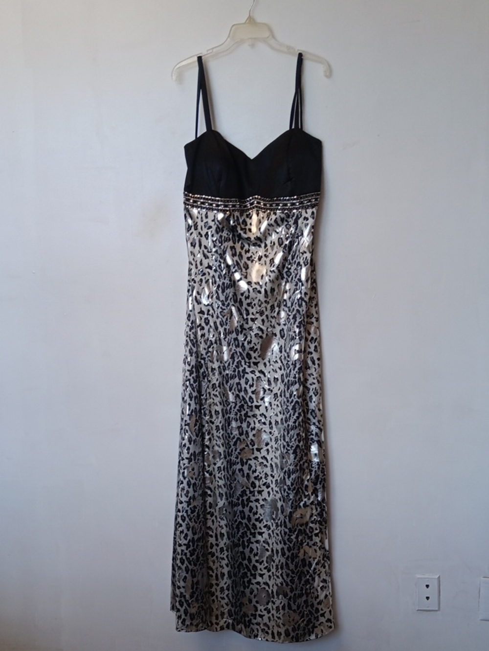 Faviana Black and Silver Leopard Satin Slip Gown